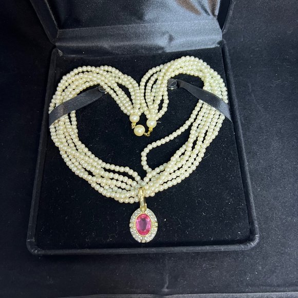 VTG Givenchy Style Gold Tone Faux Pearl 6 Strand Necklace W/Pink Pendant (2705) - Picture 9 of 10